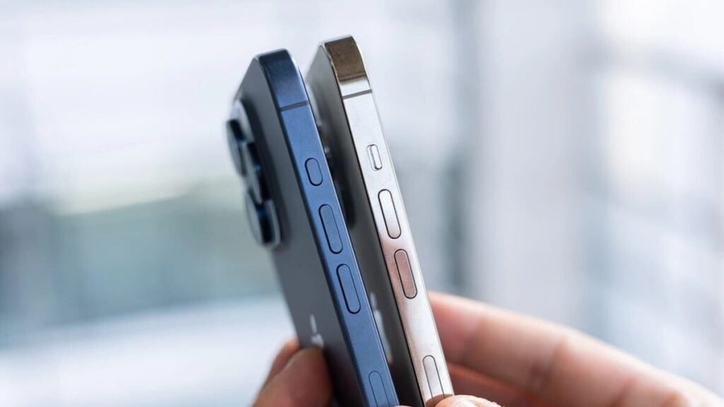 iPhone 15 pro max size and thickness profile with titanium finish.