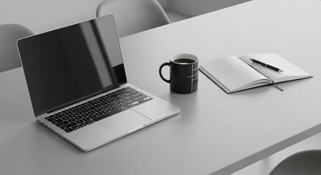 A sleek Surface Pro 9 positioned on a clean white desk next to a coffee cup and a smartphone