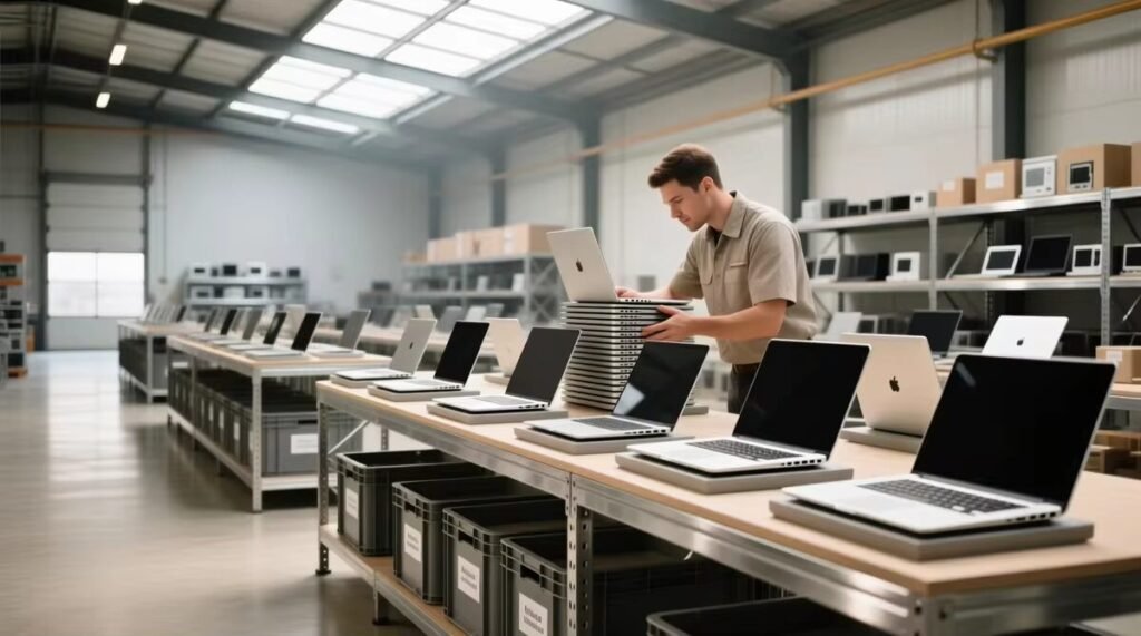 Business owner evaluating high-quality laptops and smart devices from a bulk inventory deals shipment for corporate use.