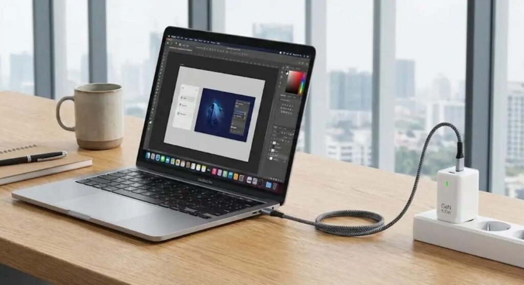 Professional macbook air charger on a desk next to a modern laptop
