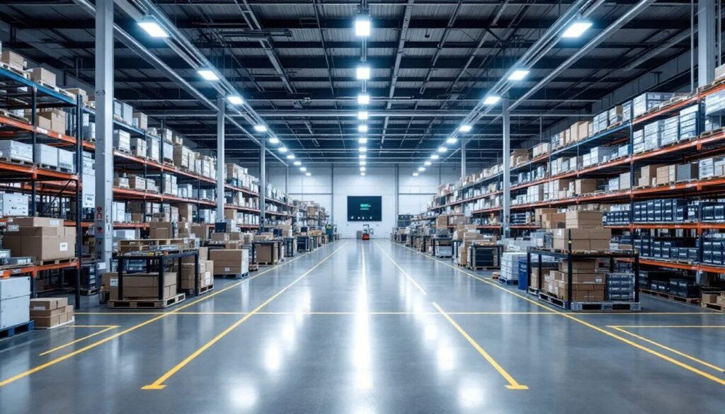Organized pallets for sale in a secure warehouse containing wholesale electronics and liquidation inventory.