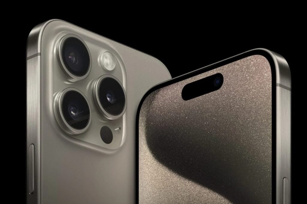 Buy iphone 15 pro online showing the sleek natural titanium finish and professional camera lenses