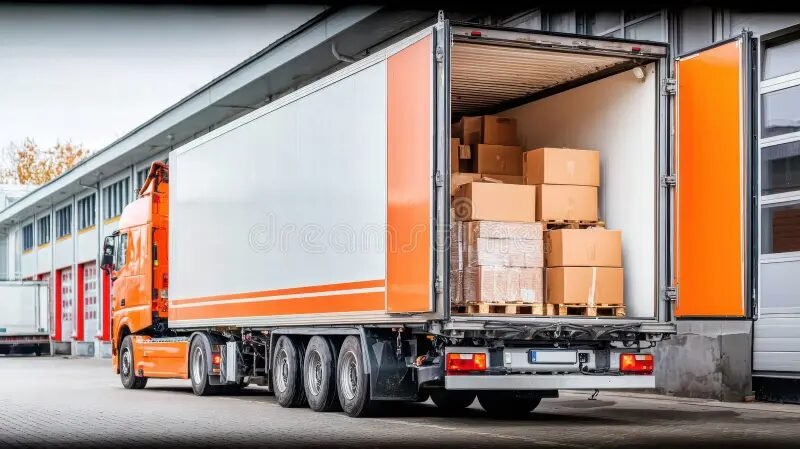 Delivery truck loading amazon return pallets and liquidation stock for secure transport to a business customer.