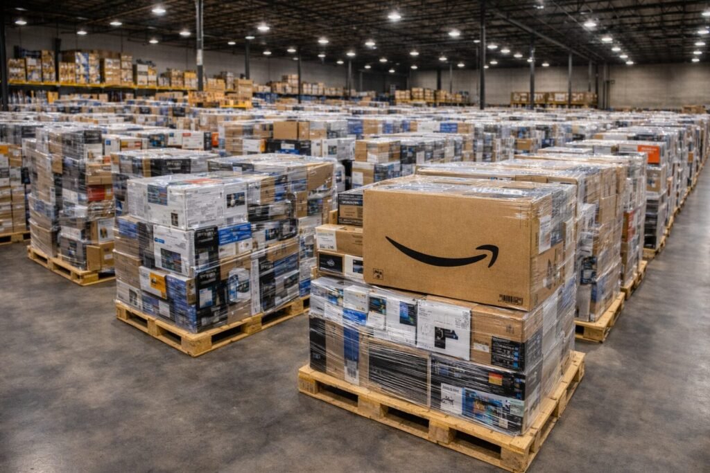 Large warehouse stacks of amazon return pallets containing premium Apple iPhones and high-end consumer electronics for wholesale buyers.